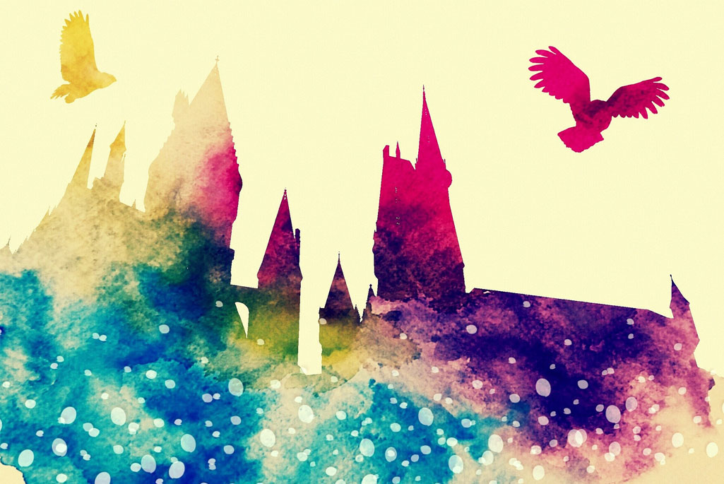 En tecknad illustration av ett slott från Harry Potter.