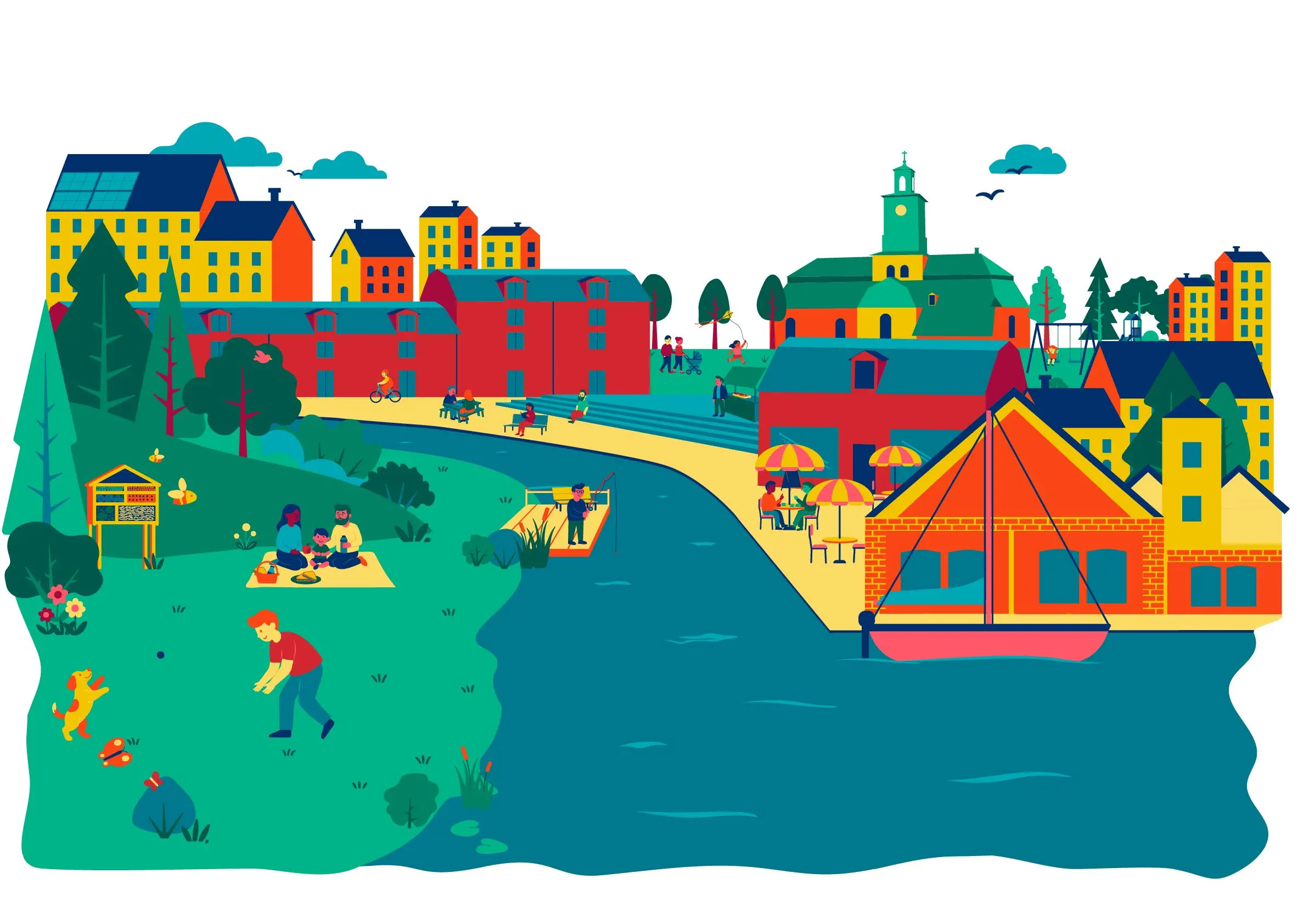 Illustration i varma röda färger på byggnader, vatten och umgänge