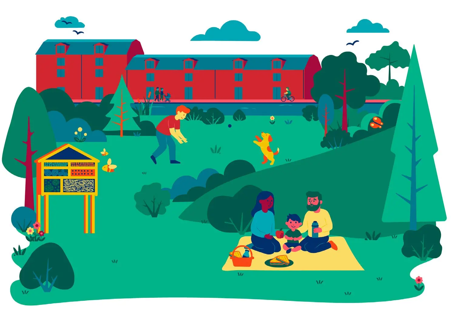 Illustration med stora gröna ytor och några byggnader.
