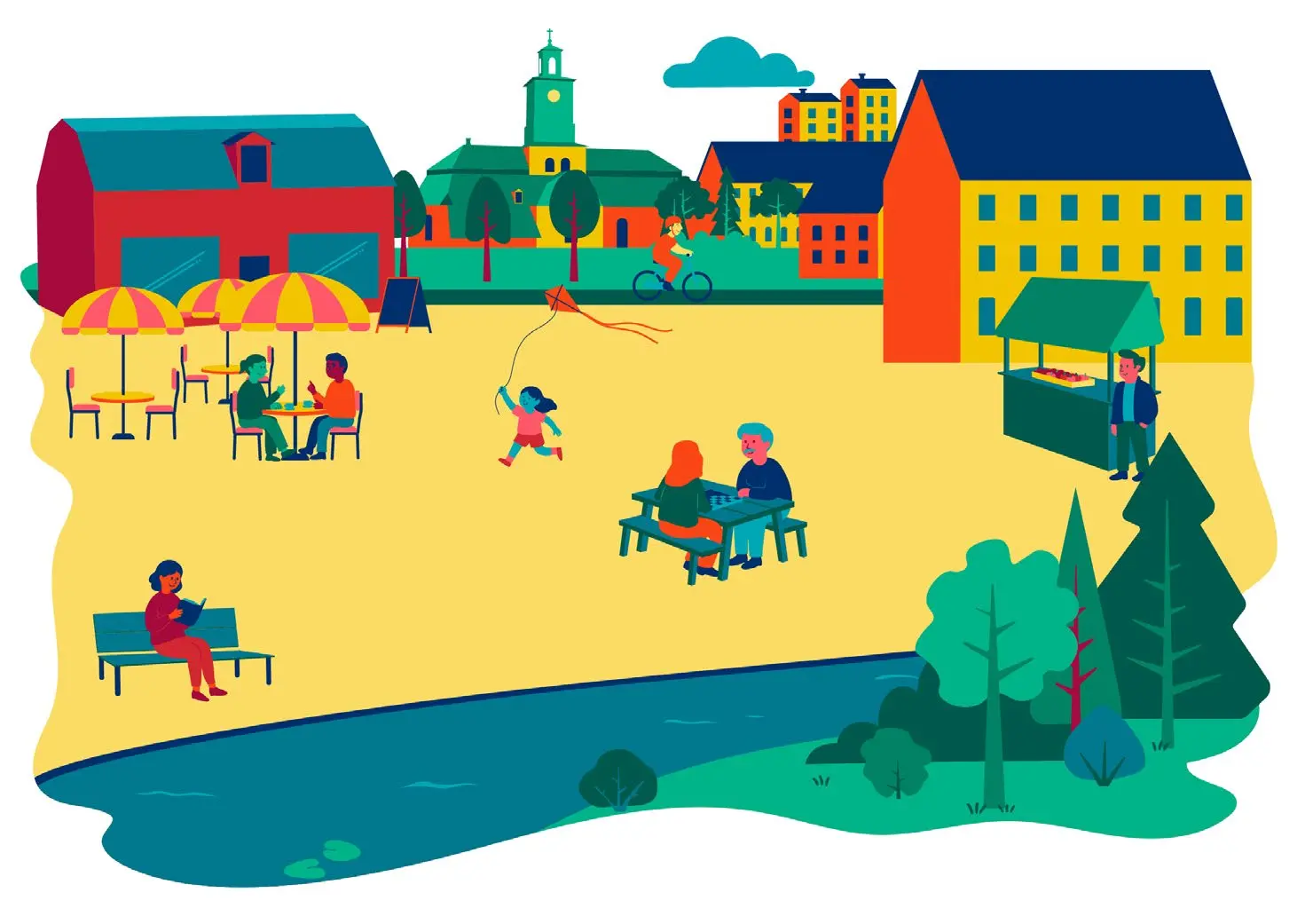Illustration med vatten och byggnader.