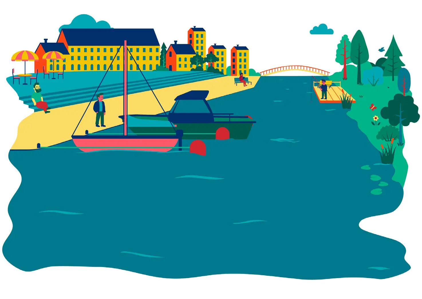 Illustration med vatten och byggnader.