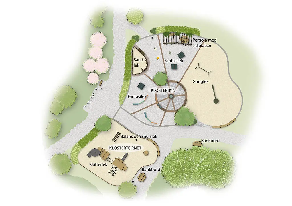 Grön och beige illustration över blivande lekplats.