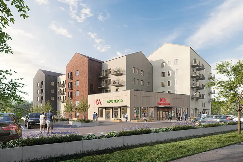 En illustration som visar bostadshus, en ica-butik, och en parkering där det finns bilar och människor.