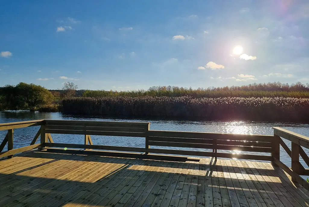Foto på ytan som är till för vistelse och fiske. Det är en träaltan som ligger precis intill Enköpingsån. Foto.