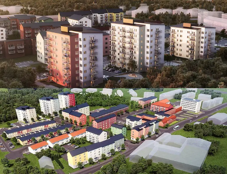 Två stycken illustrationer över hur den nya Bahcostaden ska se ut. På bilden syns olika bostäder så som höghus, radhus och lägre lägenhetsbyggnader i olika färger.