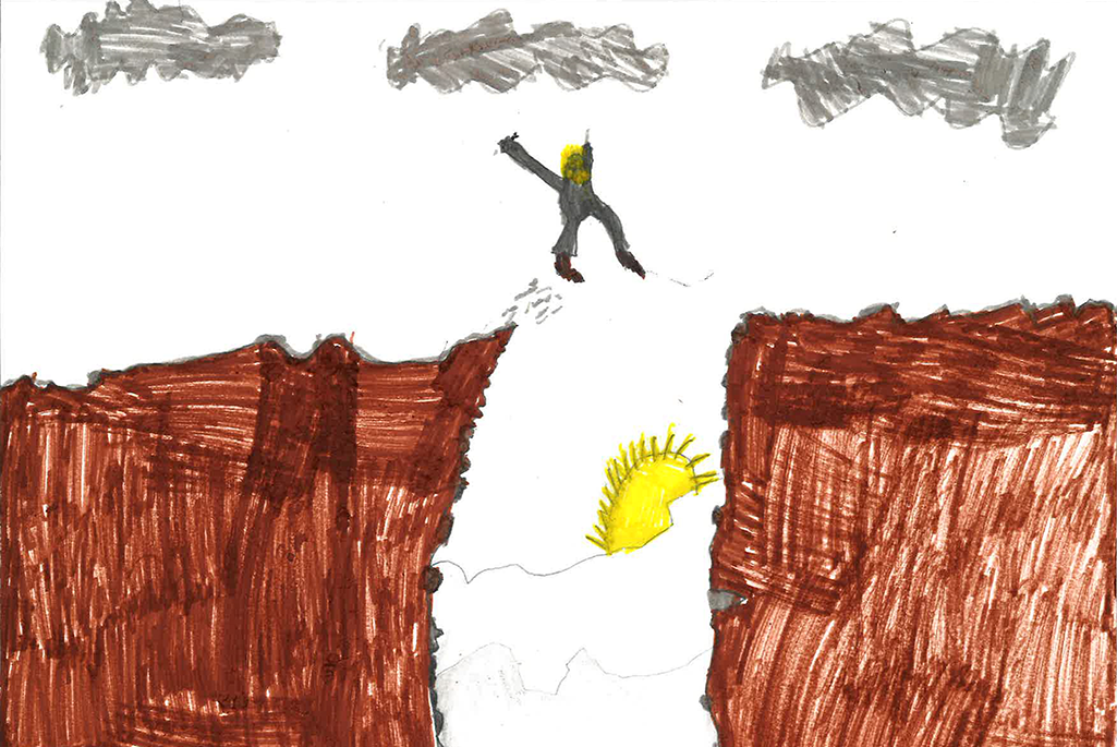 Bild på en teckning som visar en person som hoppar över ett stup mellan två klippor.