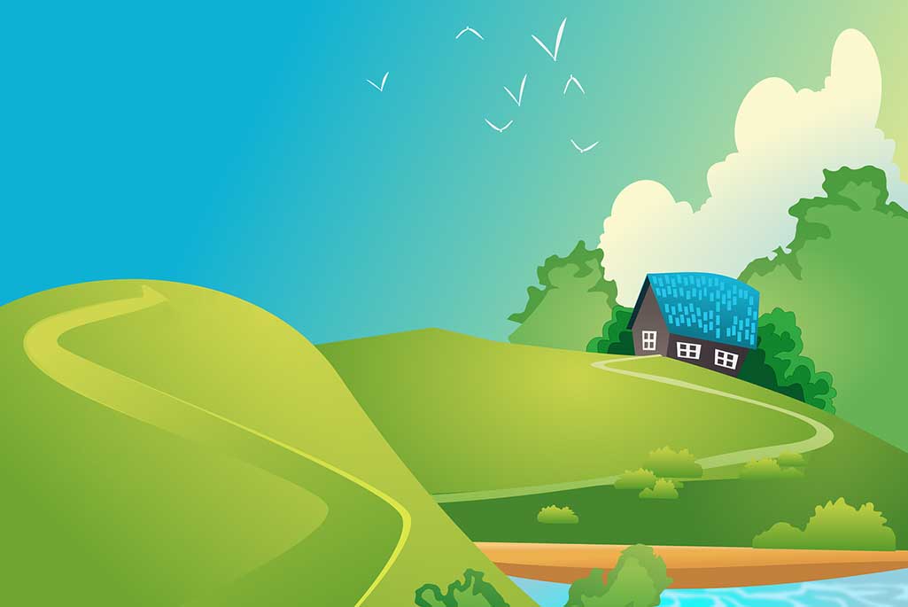 Ett landskap med mark och ett mindre hus på en kulle, illustration.