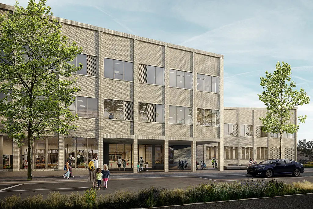 Innergården för nya Lillsidansskolan, illustration. Träd och byggnader i tegel.