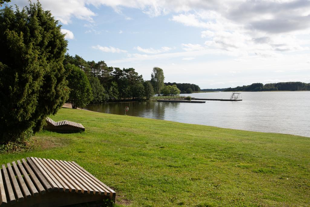 Grön sluttande gräsmatta mot Mälaren