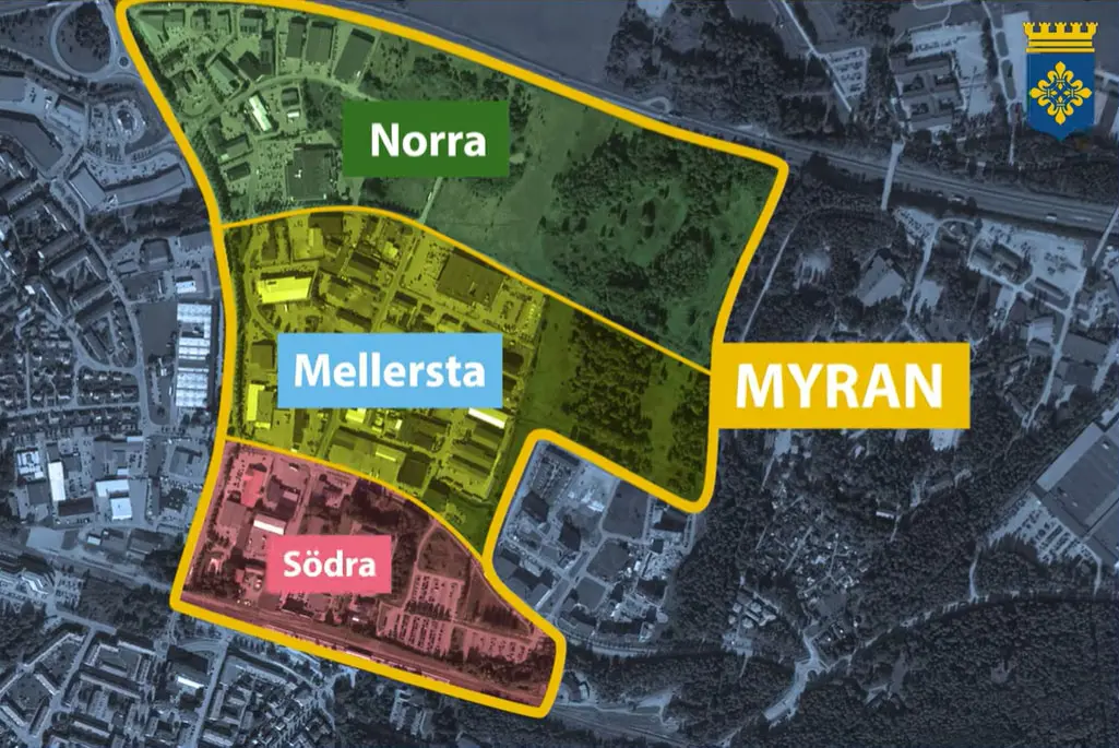 Karta som visar Myrans delområden, norra, mellersta och södra Myran, kartbild.